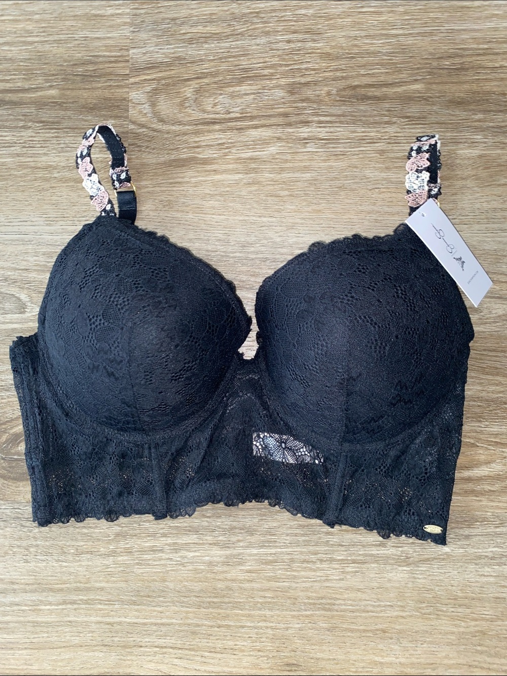 Jessica Simpson Black Lace Longline Push-Up Bra with Floral Straps
